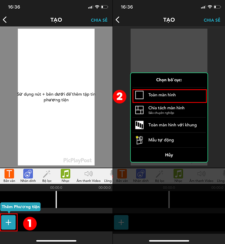 2. LÀM HÌNH NỀN VIDEO TRÊN IPHONE CÓ NHẠC BẰNG PICPLAYPOST